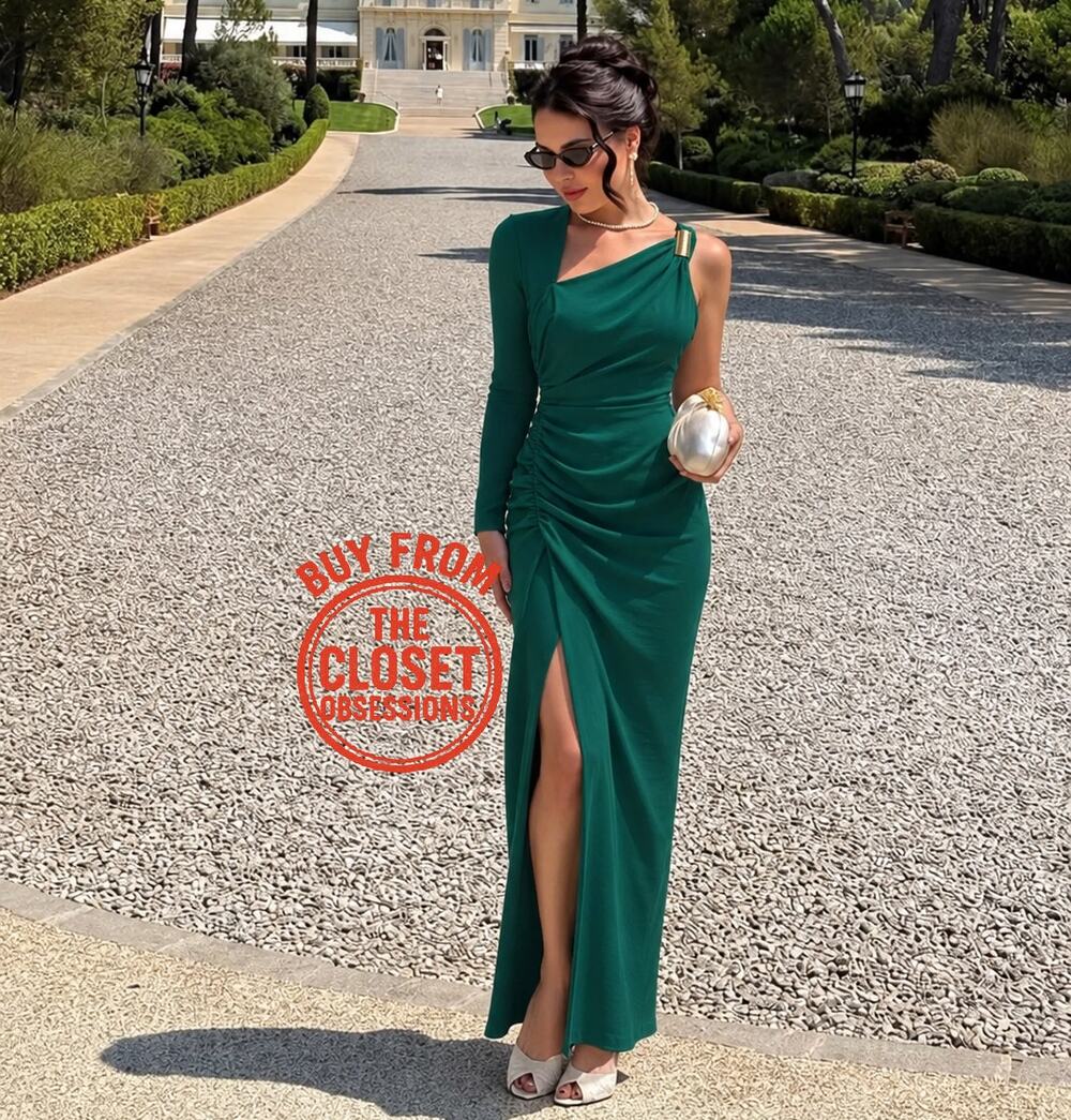 Zara NWT Emerald Green One Shoulder Ruched Midi Dress M